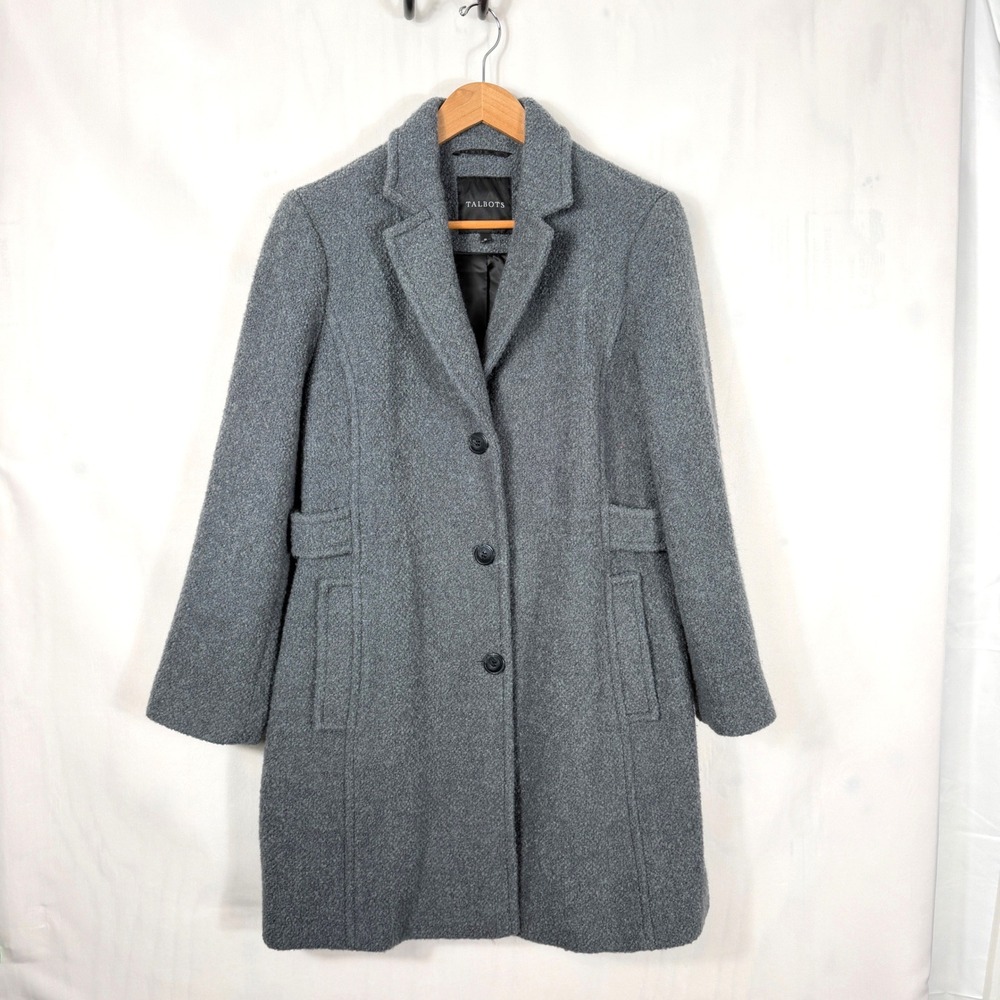 Talbots Dress Coat Women 12 Gray Wool‎ Blend Bouclé Notched Lapel Lined Classic